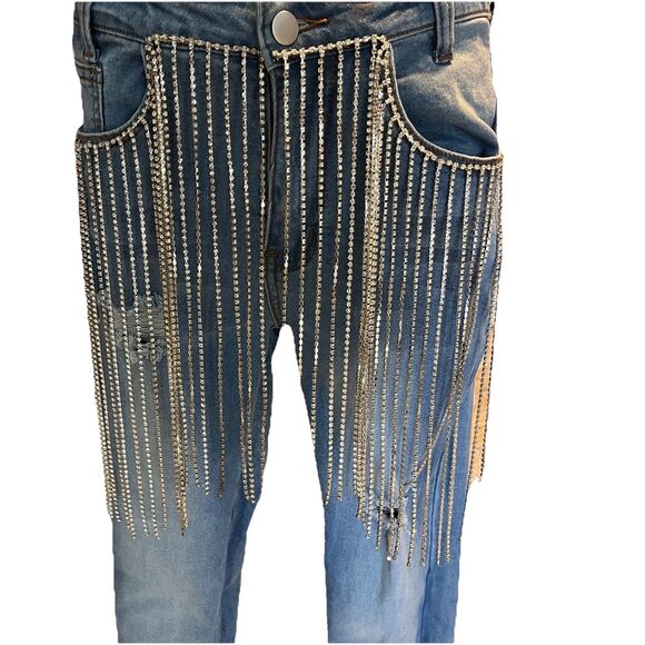 Hot & Delicious Rhinestone Fringe Jeans Y2K Inspired Distressed Womens Small NWT - Picture 2 of 16